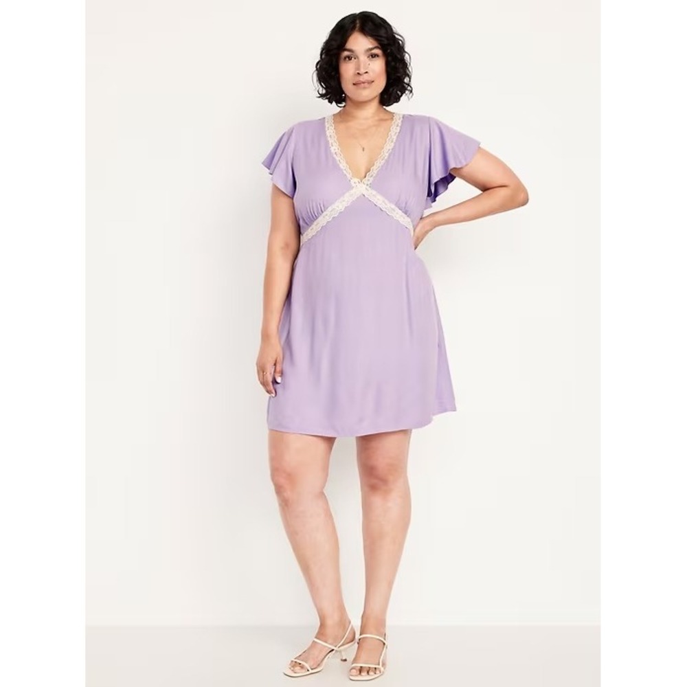NEW Women's 2X Lavender Fit & Flare Crepe‎ Lace-Trim Feminine Pastel Mini Dress